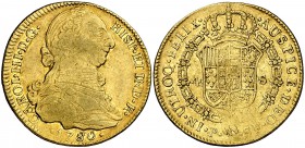 1780. Carlos III. Popayán. SF. 4 escudos. (Cal. 358) (Restrepo 68-11). 13,39 g. Acuñación floja. Golpecito en canto. Parte de brillo original. Rara. M...