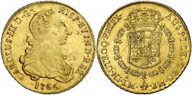 1766. Carlos III. Lima. JM. 8 escudos. (Cal. 14) (Cal.Onza 680). 26,96 g. Primer tipo "cara de rata". Leves marquitas. Atractiva. Bonito color. Muy ra...