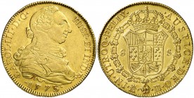 1773/2. Carlos III. Madrid. PJ. 8 escudos. (Cal. 52) (Cal.Onza 721). 26,88 g. Levísimos golpecitos. Precioso color. Rara. MBC+/EBC-.