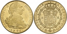 1775. Carlos III. Madrid. PJ. 8 escudos. (Cal. 55) (Cal.Onza 725). 26,93 g. Sin punto entre los ensayadores. Reverso con pleno brillo original. Hojita...