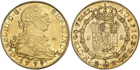 1779. Carlos III. Madrid. PJ. 8 escudos. (Cal. 60) (Cal.Onza 731). 27,01 g. Contramarca particular en anverso. Parte de brillo original. Ex Áureo & Ca...