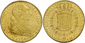 1768. Carlos III. México. MF. 8 escudos. (Cal. 83) (Cal.Onza 754, la califica como "rarísima"). 27,01 g. Tipo "cara de rata". Con punto después de la ...