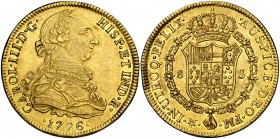1776. Carlos III. México. FM. 8 escudos. (Cal. 93) (Cal.Onza 766). 26,98 g. Ceca y ensayadores invertidos. Golpe en canto. Parte de brillo original. B...