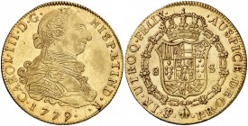 1779. Carlos III. Potosí. PR. 8 escudos. (Cal. 145) (Cal.Onza 828). 26,95 g. Clavos en la armadura. Levísimas marquitas. Muy bella. Brillo original. E...