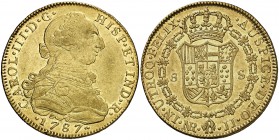 1787. Carlos III. Santa Fe de Nuevo Reino. JJ. 8 escudos. (Cal. 198) (Cal.Onza 893) (Restrepo 72-33a). 26,92 g. Leves marquitas. Atractiva. Parte de b...