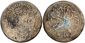 1805. Carlos IV. Caracas. 1 cuarto. (Cal. 1468 var). 3,07 g. CU. 4 girado y desplazado. Rarísima. BC.
