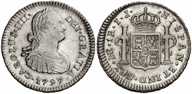 1797. Carlos IV. Lima. IJ. 1 real. (Cal. 1103). 3,29 g. Leves rayitas. Parte de brillo original. MBC+/EBC-.