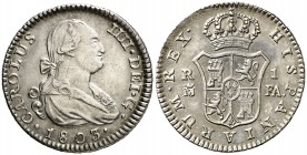 1803. Carlos IV. Madrid. FA. 1 real. (Cal. 1128). 2,96 g. Leves rayitas. Buen ejemplar. Ex Áureo & Calicó 26/04/2012, nº 676. Escasa así. MBC+/EBC-....