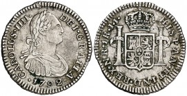 1792. Carlos IV. Santa Fe de Nuevo Reino. JJ. 1 real. (Cal. 1184) (Restrepo 78-4a). 3,07 g. Rara y más así. MBC+/MBC.