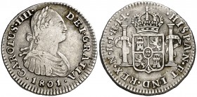 1801/799. Carlos IV. Santa Fe de Nuevo Reino. JJ. 1 real. (Cal. 1192) (Restrepo 78-33). 3,23 g. Rara y más así. MBC/MBC+.