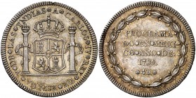 1789. Carlos IV. México. Proclamación con valor. (Cal. 836) (Ha. 162) (V. 136 var por metal) (Grove 10). 13,53 g. Mínimo golpecito. Preciosa pátina. P...