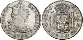 1790. Carlos IV. Lima. IJ. 8 reales. (Cal. 642). 26,91 g. Busto de Carlos III. Ordinal IV. Leve defecto de acuñación en canto. Escasa. MBC/MBC+.