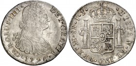 1796. Carlos IV. Lima. IJ. 8 reales. (Cal. 681). 26,92 g. Leves impurezas. Bella. Parte de brillo original. EBC.