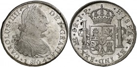 1804. Carlos IV. Lima. JP. 8 reales. (Cal. 661). 26,81 g. Mínima hojita. Bella. Brillo original. Rara así. EBC+/S/C-.