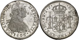1806. Carlos IV. Lima. JP. 8 reales. (Cal. 663). 26,35 g. Mínimo defecto de acuñación en canto. Bella. Brillo original. EBC+/S/C-.