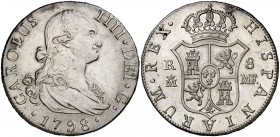 1798. Carlos IV. Madrid. MF. 8 reales. (Cal. 670). 26,80 g. Limpiada. Buen ejemplar. Rara. (MBC+).
