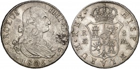 1805. Carlos IV. Madrid. FA. 8 reales. (Cal. 675). 26,35 g. Golpecito en canto. Buen ejemplar. Muy escasa. MBC/MBC+.