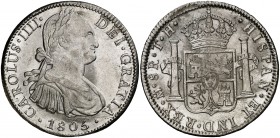 1805. Carlos IV. México. TH. 8 reales. (Cal. 703). 27,04 g. Rayitas de acuñación en reverso. EBC.