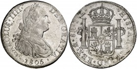1805. Carlos IV. México. TH. 8 reales. (Cal. 703). 27 g. Leves marquitas. Bella. Brillo original. Escasa así. EBC+.