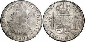 1808/7. Carlos IV. México. TH. 8 reales. (Cal. 708). 26,95 g. Leves golpecitos. Parte de brillo original. MBC+.