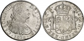 1808. Carlos IV. México. TH. 8 reales. (Cal. 709). 26,90 g. Pequeño exceso de plata. Bella. Brillo original. EBC+.
