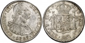 1797. Carlos IV. Potosí. PP. 8 reales. (Cal. 720). 26,84 g. Leves impurezas. Bonito color. MBC+.