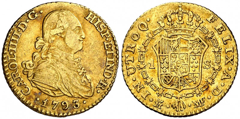 1793. Carlos IV. Madrid. MF. 1 escudo. (Cal. 492). 3,38 g. Bonito color. MBC-/MB...