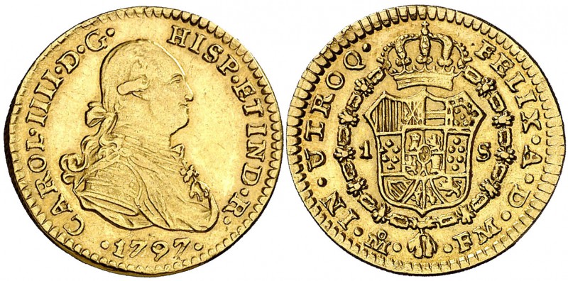 1797. Carlos IV. México. FM. 1 escudo. (Cal. falta). 3,36 g. Aractiva. Escasa as...