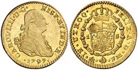 1797. Carlos IV. México. FM. 1 escudo. (Cal. falta). 3,34 g. Bella. Pleno brillo original. Muy rara así. EBC+.