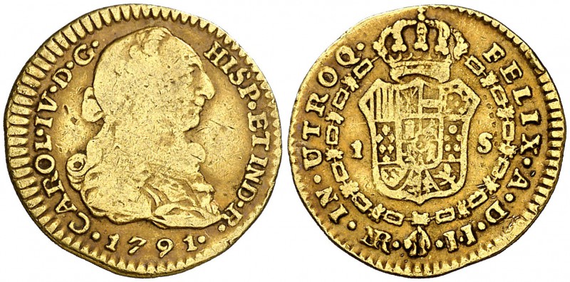 1791. Carlos IV. Santa Fe de Nuevo Reino. JJ. 1 escudo. (Cal. 566) (Restrepo 82-...