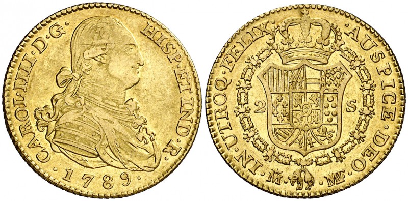 1789. Carlos IV. Madrid. MF. 2 escudos. (Cal. 323). 6,67 g. Parte de brillo orig...