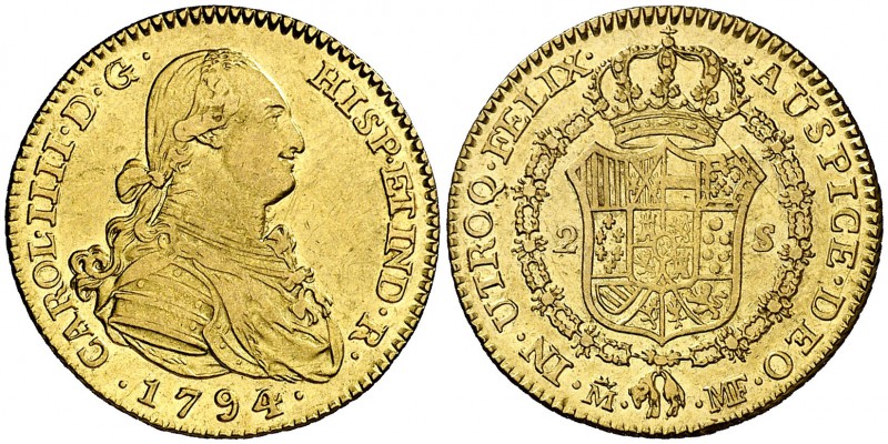 1794/3. Carlos IV. Madrid. MF. 2 escudos. (Cal. 328 var). 6,80 g. Leves rayitas ...