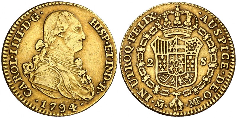 1794. Carlos IV. Madrid. MF. 2 escudos. (Cal. 328). 6,74 g. Bonito color. MBC/MB...