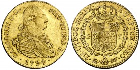 1794. Carlos IV. Madrid. MF. 2 escudos. (Cal. 328). 6,68 g. Leves marquitas. Buen ejemplar. MBC+.