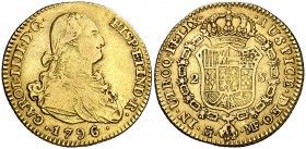 1796/4. Carlos IV. Madrid. MF. 2 escudos. (Cal. 332). 6,77 g. Rara rectificación. MBC-/MBC.