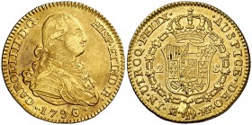 1796/4. Carlos IV. Madrid. MF. 2 escudos. (Cal. 332). 6,65 g. Rayitas. Preciosa pátina. Rara rectificación. MBC+/EBC-.