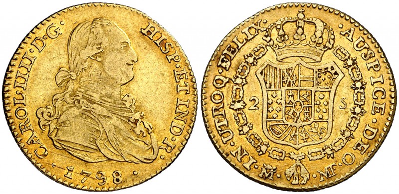 1798. Carlos IV. Madrid. MF. 2 escudos. (Cal. 335). 6,80 g. Rayitas de acuñación...