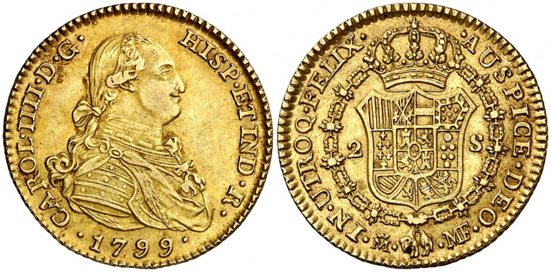 1799. Carlos IV. Madrid. MF. 2 escudos. (Cal. 336). 6,78 g. Atractiva. Escasa as...