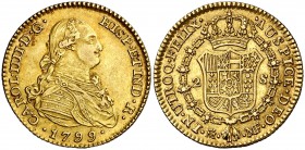 1799. Carlos IV. Madrid. MF. 2 escudos. (Cal. 336). 6,78 g. Atractiva. Escasa así. EBC-/EBC.