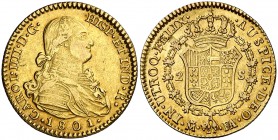 1801. Carlos IV. Madrid. FA/MF. 2 escudos. (Cal. 343). 6,69 g. Bonito color. MBC/MBC+.