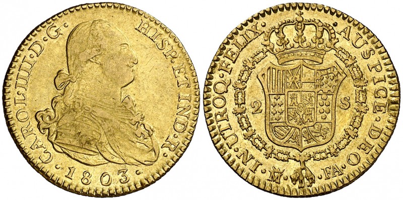 1803. Carlos IV. Madrid. FA. 2 escudos. (Cal. 345). 6,66 g. MBC-/MBC.