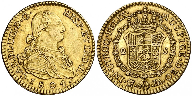 1804. Carlos IV. Madrid. FA. 2 escudos. (Cal. 347). 6,68 g. Atractiva. Escasa as...
