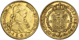 1804. Carlos IV. Madrid. FA. 2 escudos. (Cal. 347). 6,68 g. Atractiva. Escasa así. EBC-/EBC.