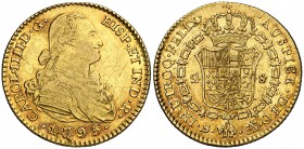 1795. Carlos IV. Sevilla. CN. 2 escudos. (Cal. 447). 6,78 g. Bonito color. MBC/MBC+.