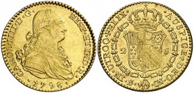 1798. Carlos IV. Sevilla. CN. 2 escudos. (Cal. 450). 6,76 g. Leves rayitas de acuñación. Bonito color. MBC+.