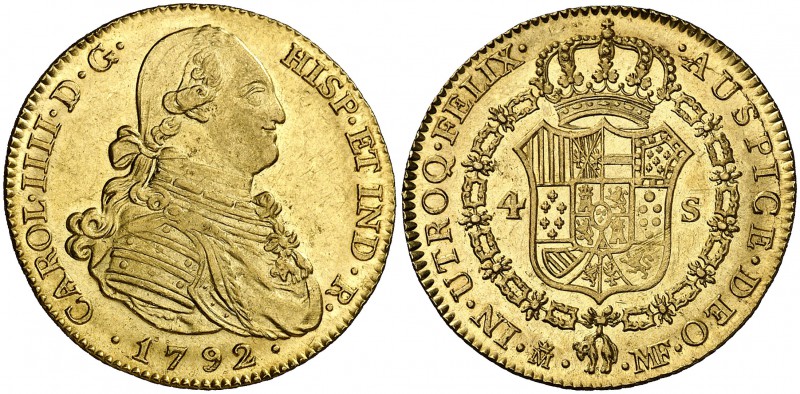 1792. Carlos IV. Madrid. MF. 4 escudos. (Cal. 202). 13,41 g. Bella. Brillo origi...