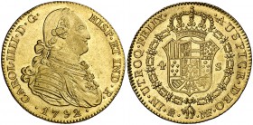 1792. Carlos IV. Madrid. MF. 4 escudos. (Cal. 202). 13,41 g. Bella. Brillo original. Rara así. EBC+.