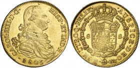 1805. Carlos IV. Madrid. FA. 8 escudos. (Cal. 35) (Cal.Onza 1014). 26,85 g. Insignificantes hojitas. Bella. Parte de brillo original. Escasa y más así...