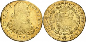 1796. Carlos IV. Popayán. JF. 8 escudos. (Cal. 75) (Cal.Onza 1059) (Restrepo 98-12). 26,89 g. Acuñación floja. MBC/MBC+.