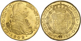 1802. Carlos IV. Popayán. JF. 8 escudos. (Cal. 81) (Cal.Onza 1065) (Restrepo 98-24). 27,01 g. Bella. Rara así. EBC/EBC+.